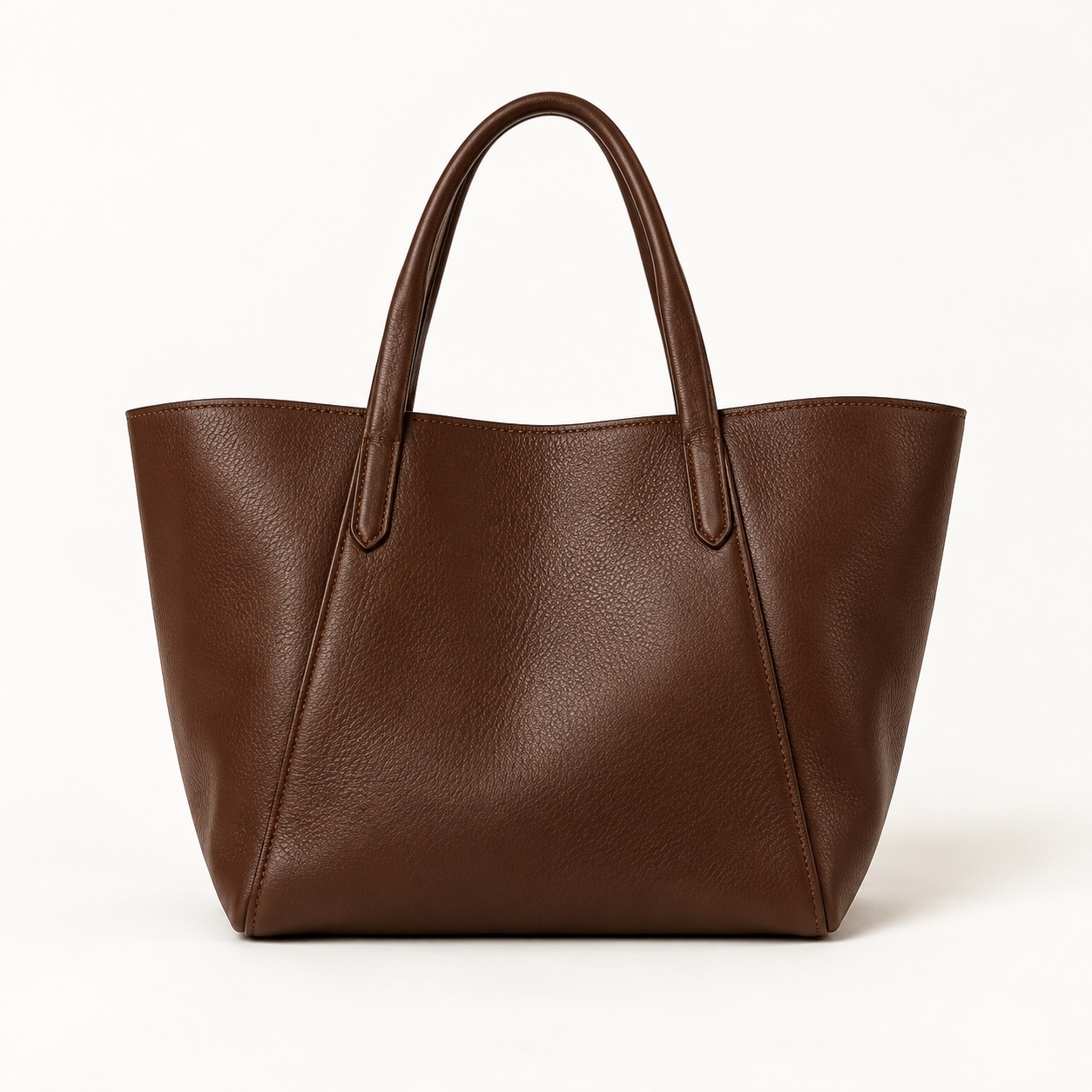 An unbranded chocolate leather tote bag.