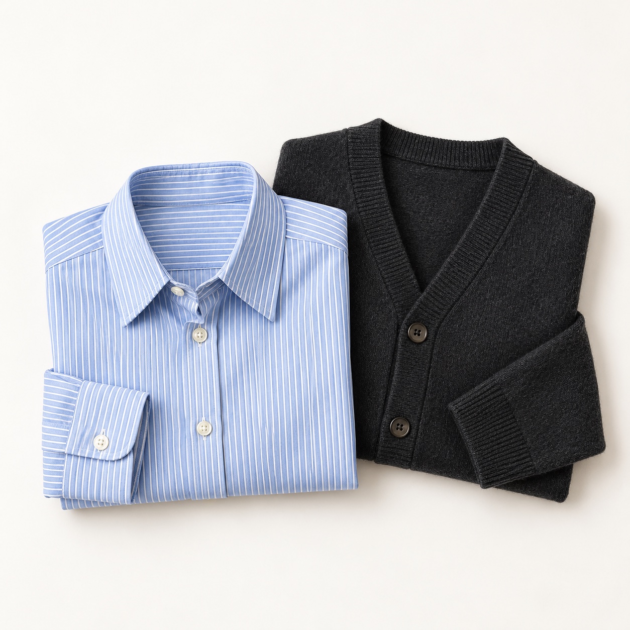A blue striped shirt beside a charcoal cardigan.