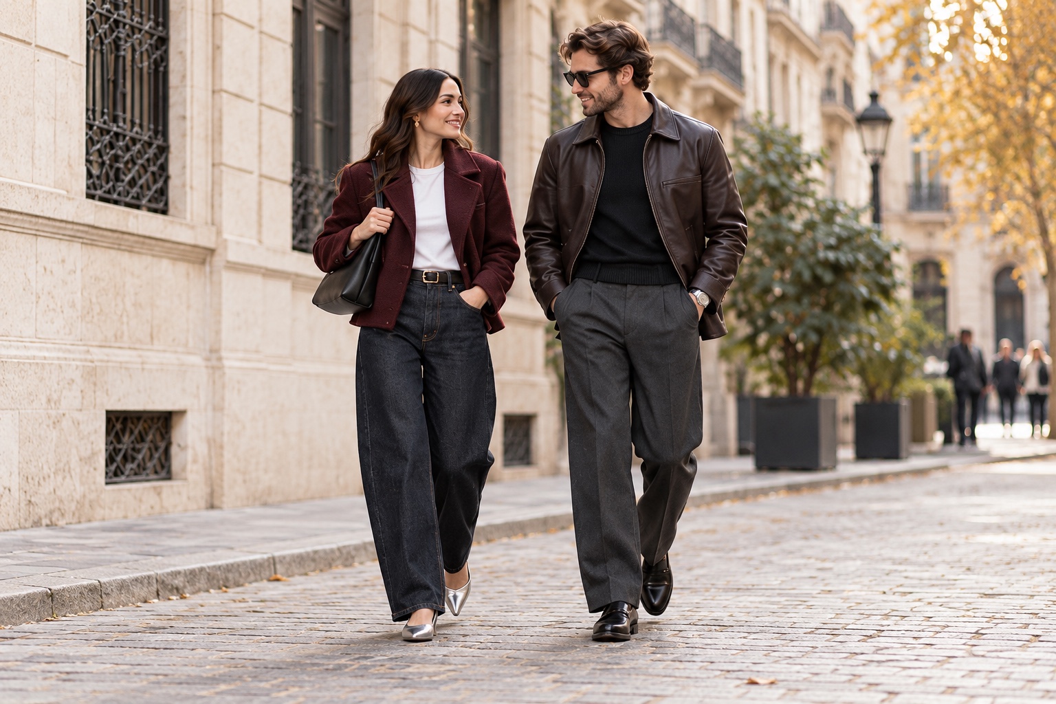 A woman in a burgundy jacket and wide-leg jeans walks beside a man in an espresso leather jacket on a European city street.