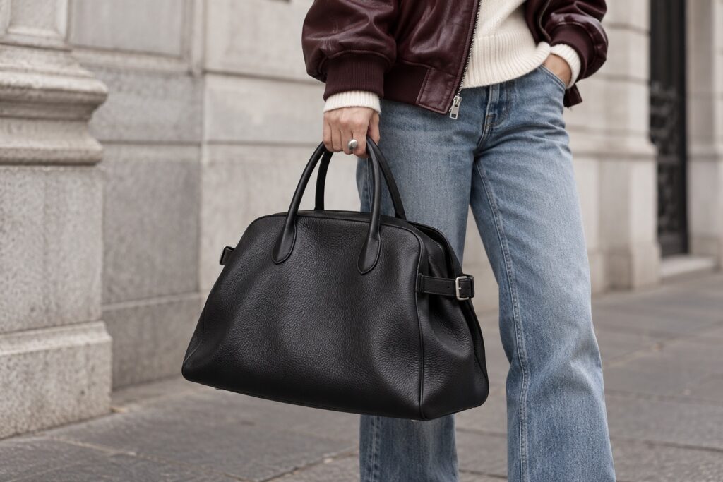 Illustrative street-style image of a woman carrying an unbranded black top-handle bag with belted side panels.